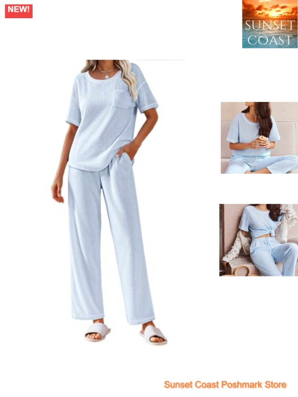 Waffle Knit Lounge Set 2 Piece Short Sleeve Top & Long Pants Pajama Set